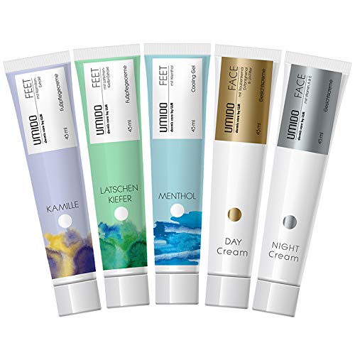 UMIDO 5 Stück Set Kosmetik-Set 45 ml | 1x Fußcreme Kamille | 1x Fußcreme Latschenkiefer | 1x Cooling Gel Menthol | 1x Tages Gesichtscreme Traubenkern-Öl | 1x Nacht Gesichstcreme Vitamin A & E