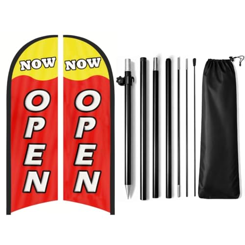 Now Open Flag for Business 9.18FT Double-Sided Outdoor Advertising Swooper Banner with Pole Kit & Ground Stake Tear-Resistant Polyester Feather Flag for Shops & Events