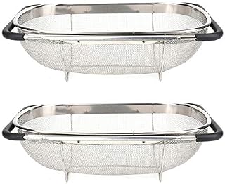 Suwimut 2 Pack Over Sink Colander for Kitchen, Stainless Steel Fine Mesh Strainer Basket 6 Quart Sink Strainer Colander with Expandable Rubber Grip Handles for Straining, Draining
