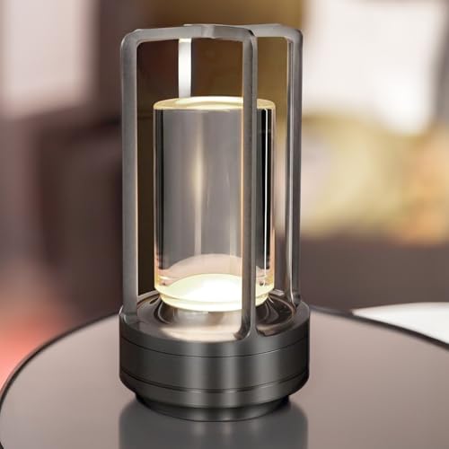 Cordless Luxury Rechargeable Metal LED Lantern, Table Lamp Portable with 3 Color Temperature Stepless Dimming Indoor Outdoor Use for Bedroom, Restaurant, Bar, Coffee Shop, Camping (Gun Metal)