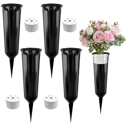 TOPBELIEF 4Pcs Grave Vases with Spike, Cemetery Vases, Graveside Flowers Holder, Cemetery Flower Pots for Grave, Lawn, Yard, Garden Decoration (Black)