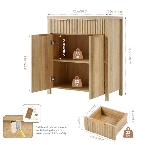 Image of Panana 2-Door 2-Drawer Storage Cabinet, Farmhouse Ribbed Style Sideboard for Kitchen, Living Room, Entryway (Oak)