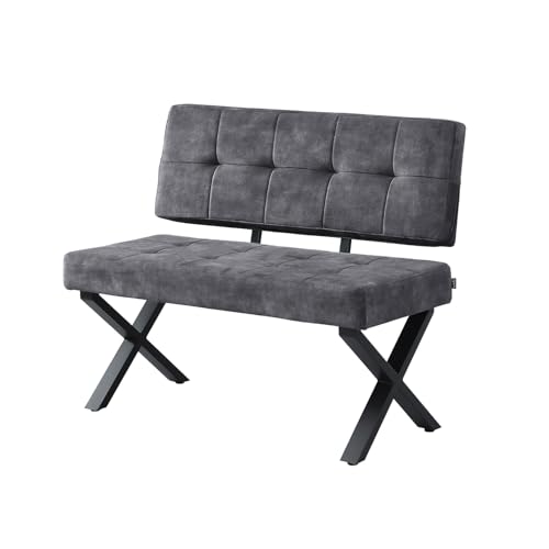 B&D home Sitzbank Karen 100cm gepolsterte Esszimmerbank mit Rückenlehne X-Metallgestell schwarz Webstoff/Microfaser in Anthrazit modern Industrial Design für Esszimmer Küche & Flur