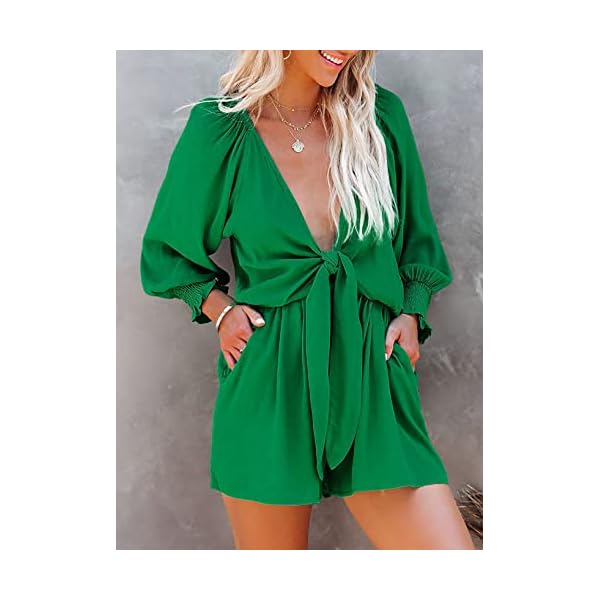 AlvaQ-Rompers-for-Women-Dressy-Spring-Summer-Tie-Knot-Front-Sexy-V-Neck-Jumpsuits AlvaQ Jumpsuits for Women Plus Size Spring Summer Tie Knot Front Sexy V Neck Brunch Outfits Date Night Outfit Green Romper Jumper Dress for Women Green Small