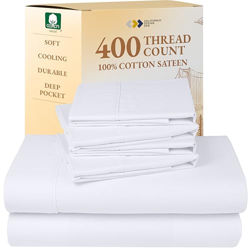 California Design Den 6 Pc Queen Size Sheet Set with 4 Pillowcases - Soft 400 Thread Count 100% Cotton Sheets, Sateen, Deep Pockets with All Around Elastic, Cool, Durable Bedding Set - White