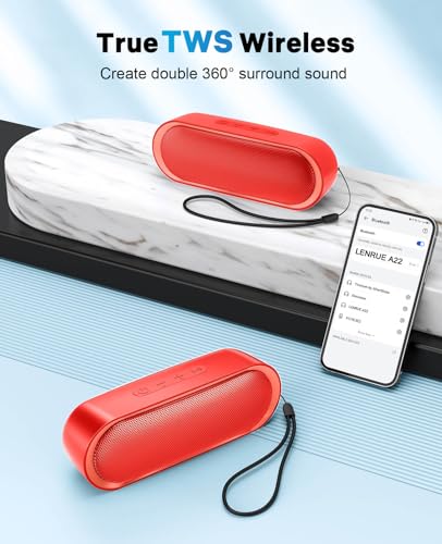 Image of LENRUE Bluetooth Speakers, Waterproof Portable Speakers with TWS, 24 Playtime, Stereo Sound, Wireless for Home Shower Pool Beach Outdoor (Red)