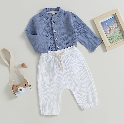 Image of VISGOGO Toddler Boy Linen Outfit Baby Boy Fall Winter Clothes Set Button-Down Shirt Tops Cotton Linen Pants 2PCS