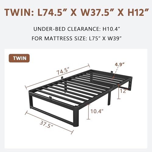 Image of ZTH Twin Size Metal Platform Bed Frame 12 in, No Box Spring Needed, Black | Heavy duty support, Underbed storage, Noise-free design, Anti-slip clips, Rounded legs, Easy assembly, Headboard compatible