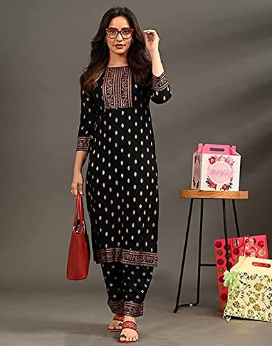 Image of Women's Rayon Printed Kurta with Palazzo Set (Small, Black Palazzo Set)