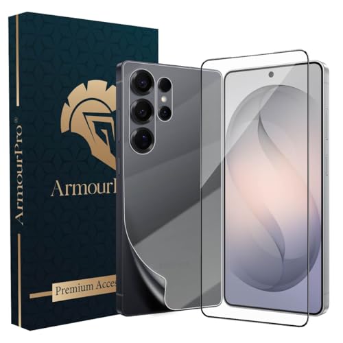 Image of ArmourPro Tempered Glass for Samsung Galaxy S26 Ultra with Back Clear Membrane Guard, Edge to Edge Screen Protector, Anti-Bubble, Anti-Fingerprint, Oil Resistant, Installation Kit | Black