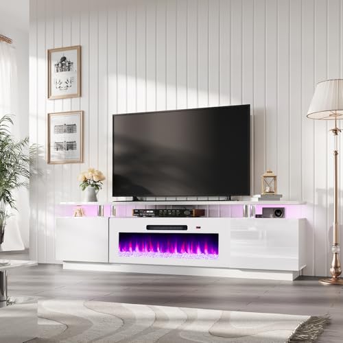 AMERLIFE Fireplace TV Stand with 40' Fireplace, 80' Modern Fireplace Entertainment Center LED Lights, 2 Tier TV Console Cabinet for TVs Up to 90', White & White