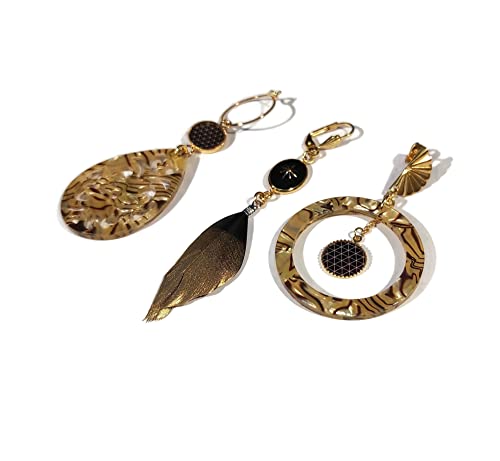 Boucles d'oreilles LEELOO Trio résine et laiton doré noir ou turquoise