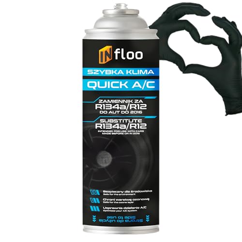 INfloo Quick A/C R134a – Gaz Réfrigérant pour Climatisation Auto | 185g | Pour véhicules jusqu’en 2016 | Valve anti-retour + Gants OFFERTS