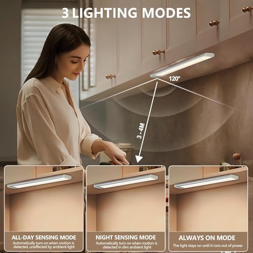 Image of ELLEVE- 20CM Rechargeable Under Motion Sensor LED Light for Wardrobe, Closet, Cabinet, Kitchen, Stairs, Drawer, Shelf, Garage, 3 Color Modes, Dimming, Wireless Magnetic Indoor Lights (Pack of 4)