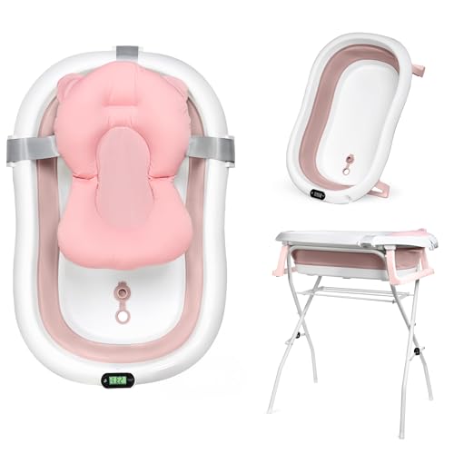 moovkee. Babybadewanne mit Gestell 80cm - Baby Badewanne Faltbar mit Thermometer und Badekissen - Babywanne mit Ständer Sicher für Ihr Baby - Babybadewanne Neugeborene