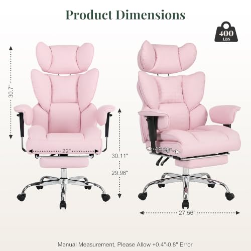 Image of Big and Tall Ergonomic Office Chair,400 LBS,High Back Reclining PU Leather Gaming Chair with Footrest, Adjustable Armrests, Lumbar Support, Executive Desk Chair for Home Office, Pink