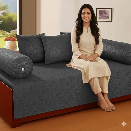STARNSTYLE Premium Velvet Diwan Set - Bedsheet, 2pc Bolster Cover with Dori and 3pc Cushion Covers Large Set of 6 Pieces Grey