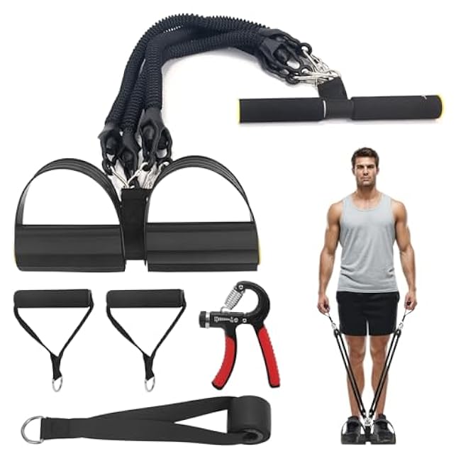 2025 Upgrade Pedal Resistance Band, 4-Tube Elastic Pull Rope Fitness Sit-up Exercise Equipment at Home Gym Arm Abs Workout Equipment Leg Stretching Equipment with 1Pcs Grip Strength Trainer