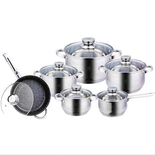 ALMALUX Batería de Cocina 12 Piezas, Juego de Ollas y Sartén, Plateado, Acero Inoxidable, 16-24cm, Compatible con Inducción, Gas y Vitrocerámica