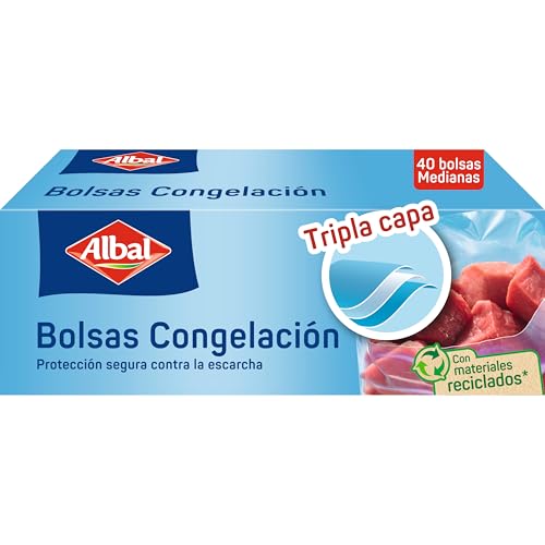 Albal Bolsas congelación - Bolsas para congelar alimentos, previenen la escarcha y las quemaduras por congelación, para conservar alimentos en el congelador, 70% recicladas, 3L, 40 unidades medianas