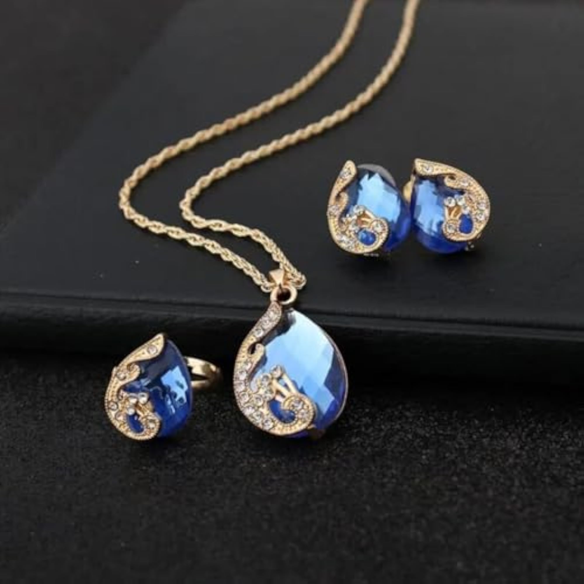 Crystal Ring Earrings Necklace Set