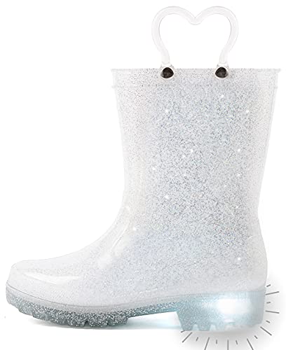 Outee Toddler Girls Rain Boots Kids Baby Light Up Glitter Waterproof Rubber Mud Shoes Lightweight Sparkle Silver Adorable with Easy-On Handles Non Slip (Size 8,Silver)