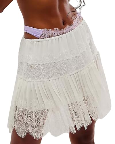 Women Floral Lace Mini Skirt Y2k Low Rise Layered Ruffled Hem Pleated A Line Short Skirt Lace Half Slip Underskirt