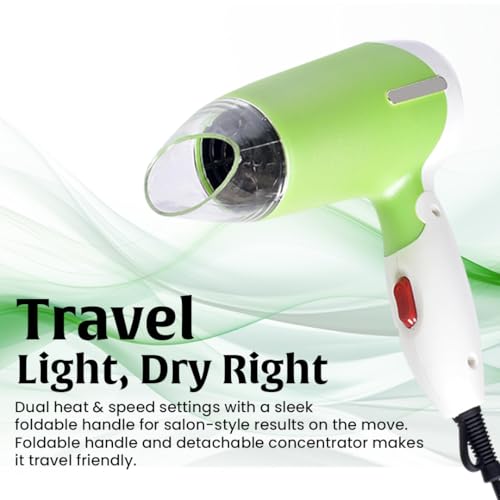 Image of GUSTTO Foldable Hair Dryer 1100W | Compact Travel-Friendly Hair Dryer with Foldable Handle, Hanging Ring, 2 Heat & Speed Settings, Narrow Concentrator, Lightweight & Portable (Lush Green), BIS Certified