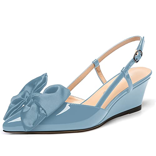 WAYDERNS Womens Buckle Party Pointed Toe Slingback Bow Fashion Patent Wedge High Heel Pumps Shoes 2 Inch