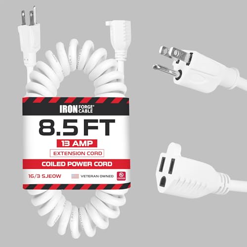Iron Forge Cable SJEOW White Outdoor Coiled Extension Cord 8 ft, 16/3 13 Amp Oil Resistant & Flame...