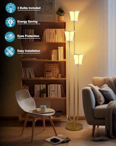Image of Lightdot 63IN Gold Floor Lamp 3-Lights LED Floor Lamps with 3000K Soft Warm White for Wedding /Party, U-Pole with Fabric Lampshade Modern Tall Lamp for Living Room /Bedroom (Bulbs Included)