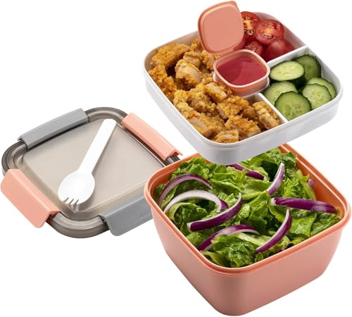 MINIMARG Salad Lunch Box Large Salad Bowl with Lid BPA-Free |3-Compartment Bento Box Microwave Safe Yumbox Style Salad Bowl with Dressing Containers Built-in Reusable Spoon (Pink Small-1.1L)