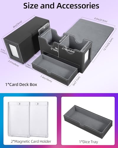 Image of MTG Deck Box, MTG Commander Card Deck Box with Commander Display, Fits 250+ Single Sleeved, Double Card Storage Box with Dice Tray, Magnetic Card Storage Case for CCG TCG Sports Cards, Black Grey