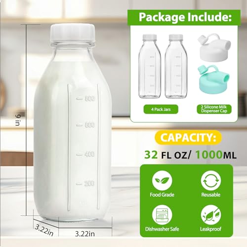 Image of CUCUMI Moretoes 32 Oz Glass Milk Bottle with Reusable Strong Airtight Screw Lid, Reusable Glass Juice Bottles, Water Jug Breast Milk Pitcher, Buttermilk, Nut, Juice, Syrup, Coffee Creamer (4 Pack)