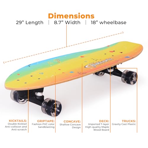 Nattork Complete Skateboards 29\ x 8\ Kids Girls Skateboard Cruiser Skateboards for Beginners Double Kick Deck Concave Boys Skateboard with Maple Wood (Rainbow)