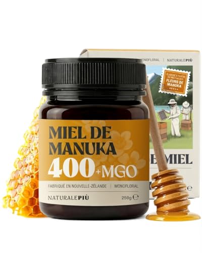 NaturalePiù Miel de Manuka 400+ MGO - 250g Brut et Bio de Nouvelle-Zélande - Miel cicatrisant monofloral - Pour Thé, Smoothies et Pâtisserie - Pur et Actif - Méthylglyoxal Certifié en Laboratoire