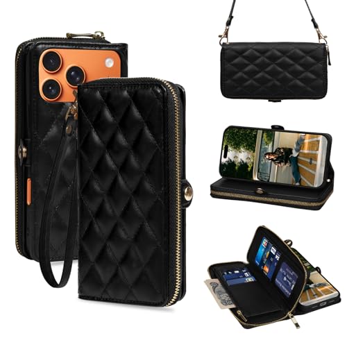 Rssviss Crossbody Case for iPhone 17 Pro Max Case Wallet RFID Blocking Leather with Card Holder Kickstand Handbag Zipper Flip Cover with Wrist Strap for iPhone 17 Pro Max Men Women 6.9 Black
