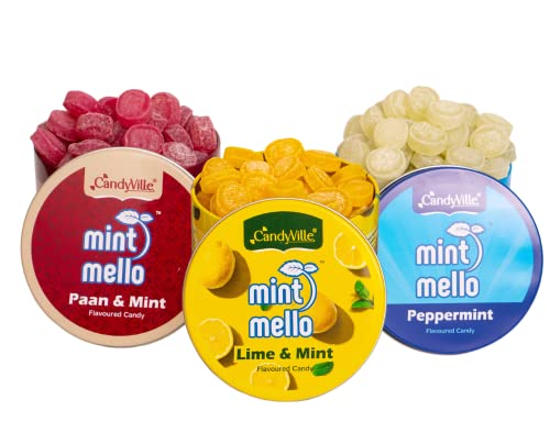 Image of CandyVille Mint Mello Candy Tin Combo (1.02 KG - Pack of 3) | Each of Lime Mint, Paan Mint and Peppermint Candy Tins | Mild Mint | With Menthol | Flavoured Candy