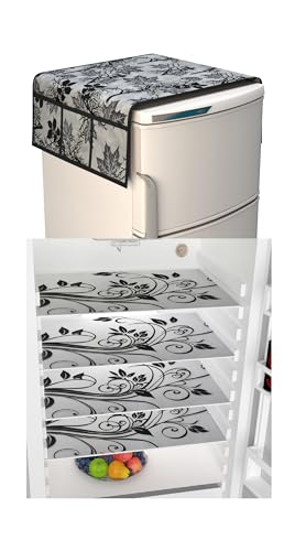 Image of Kitchen Combo Fridge Top Cover with 4 Pcs Fridge Mats, (Set of 5 Piece) Black-Branch+4 MATS)