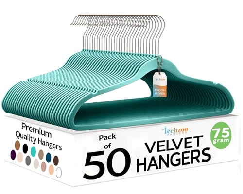 Image of Techzoo 50 Pack New Premium Quality Velvet Hangers Ultra Thin Non Slip Adult Felt Space Saving Hangers for Closet Heavy Duty Coat Pants Dress Hangers 360 Swivel Hook Hold Upto 10 lbs Teal