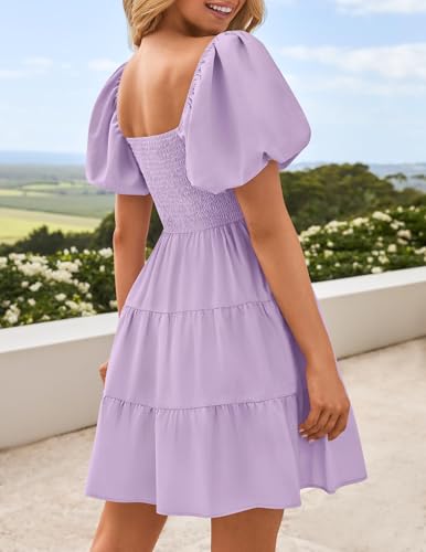 Image of ZESICA Women's Boho 2026 Summer Square Neck Puff Sleeve Off Shoulder Smocked Tiered Casual A Line Short Mini Dress