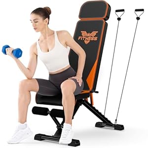 Botifly Adjustable Weights Bench, Foldable Workout Bench with Extended Head and Resistance Bands for 660LB Bench Press, Incline Sit Up Gym Bench