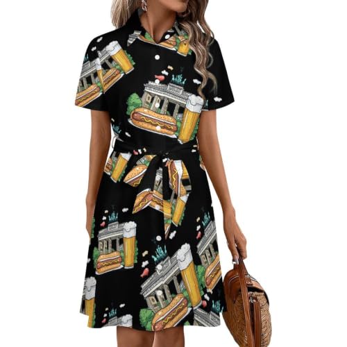 Robe d'été allemande motif bière et hot dog avec coupe boutonnée mi-longue