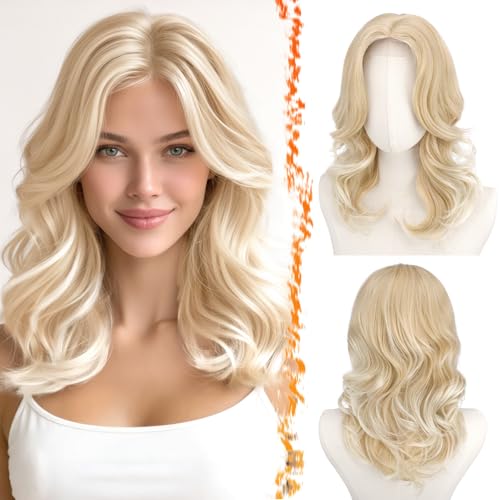 BARSDAR Courte Ondulée Blond Perruque, Shoulder Longueur Blond Perruque pour Femmes Courte Wave Textured Layered Perruques avec Face-Framing Curtain Bangs...