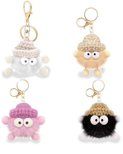 Thapncow Porte-clés Pompon Animal Mignon Personnalisé pour Sacs à Main, Voiture et Décorations de Sac à Dos - Lot de 4