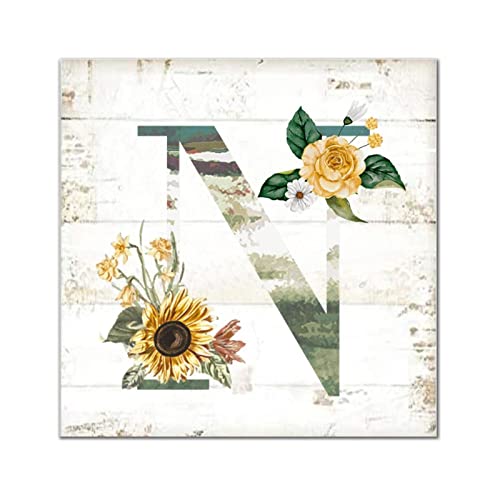 Lettre N en bois motif floral tournesol grand format décoration murale chic