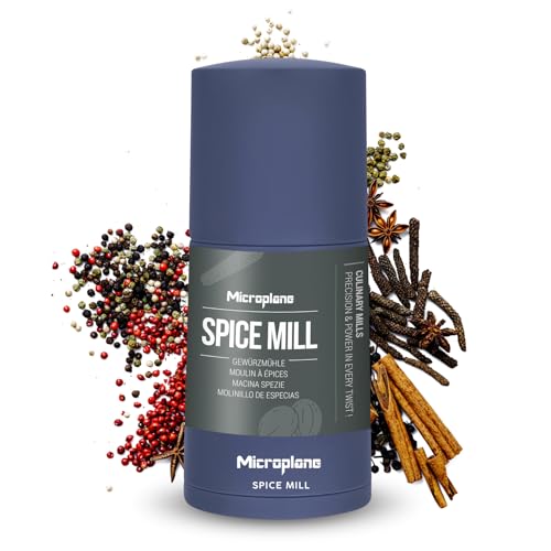 Microplane Moulin à Épices 2en1 – Bleu Denim | Moulin Manuel avec Lame en Acier Inoxydable | Ultra Tranchante | Râpe Muscade, Cannelle, Fève Tonka, Poivre Long, Noix & plus Compartiment Hermétique