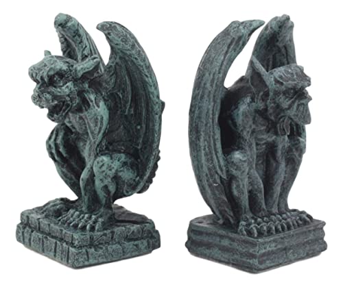 Ebros Gift Notre Dame Castle Top Guardian Mini Gargoyles Crouching On Stone Pedestals Resin Figurine Set Of 2 Miniature Fairy Garden Gargoyle Sculpture Pair 2.5" Tall #TOP2