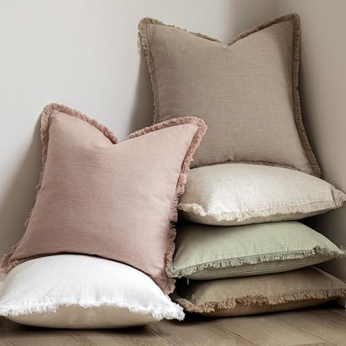 Image of Foindtower Set of 2 Decorative Linen Fringe Throw Pillow Covers Boho Farmhouse Cushion Cover with Tassels Soft Accent Pillowcase for Couch Sofa Bed Living Room Home Decor,24x24 Inch,Light Sage Green