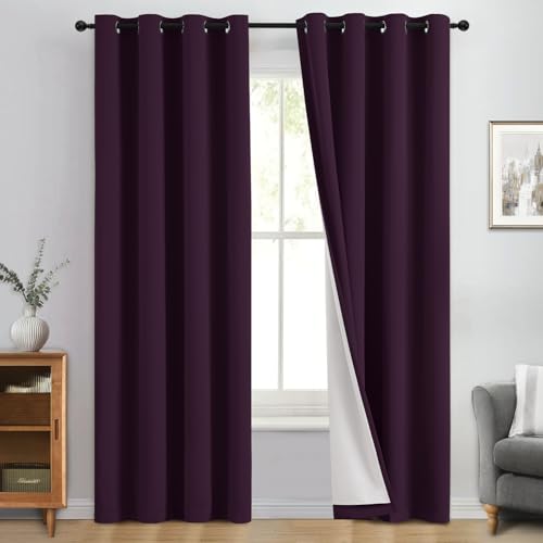 Image of Yakamok Dark Purple 100% Blackout Curtains 84 Inches Long 50 inch Wide 2 Panels | Blackout Curtain Panels for Bedroom, 2 Thick Layers Grommet Top Thermal Insulated Drapes with White Back for Living Room